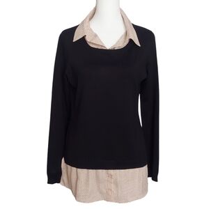 Adrianna Papell Sweater with Faux Blouse detail Black Polka Dot on Blush Size S